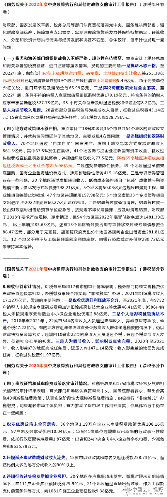 近三年，审计工作报告中提到税务问题有哪些