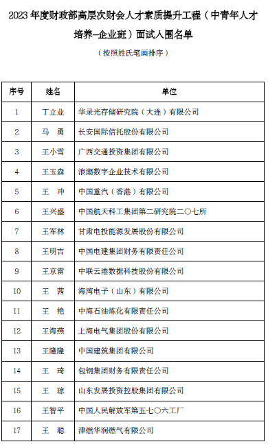 2023财政部高层次财会人才面试名单公布 2023财政部高层次财会人才面试名单公布